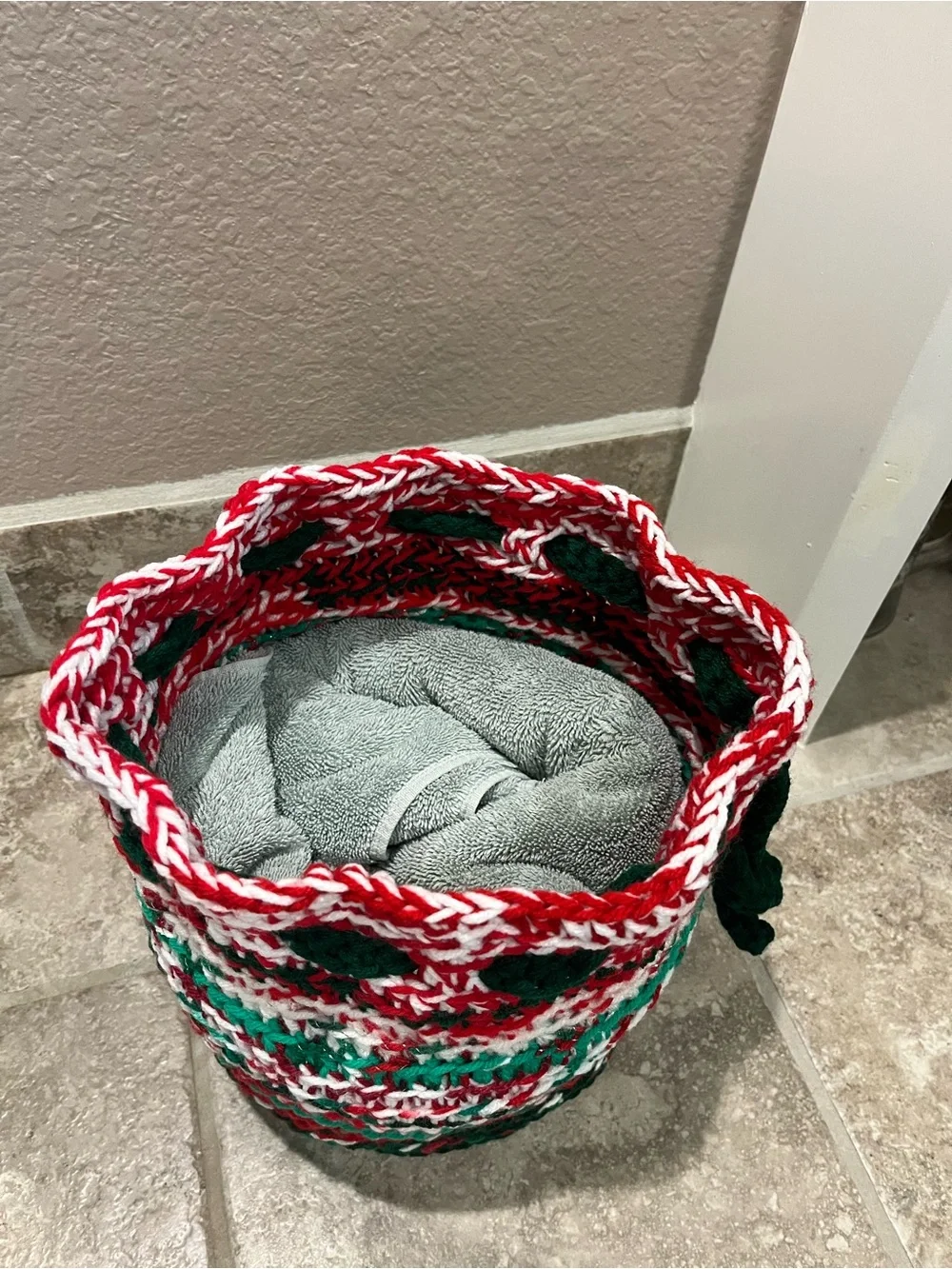 Handmade Red, Green & White Crochet Drawstring Bucket Bag